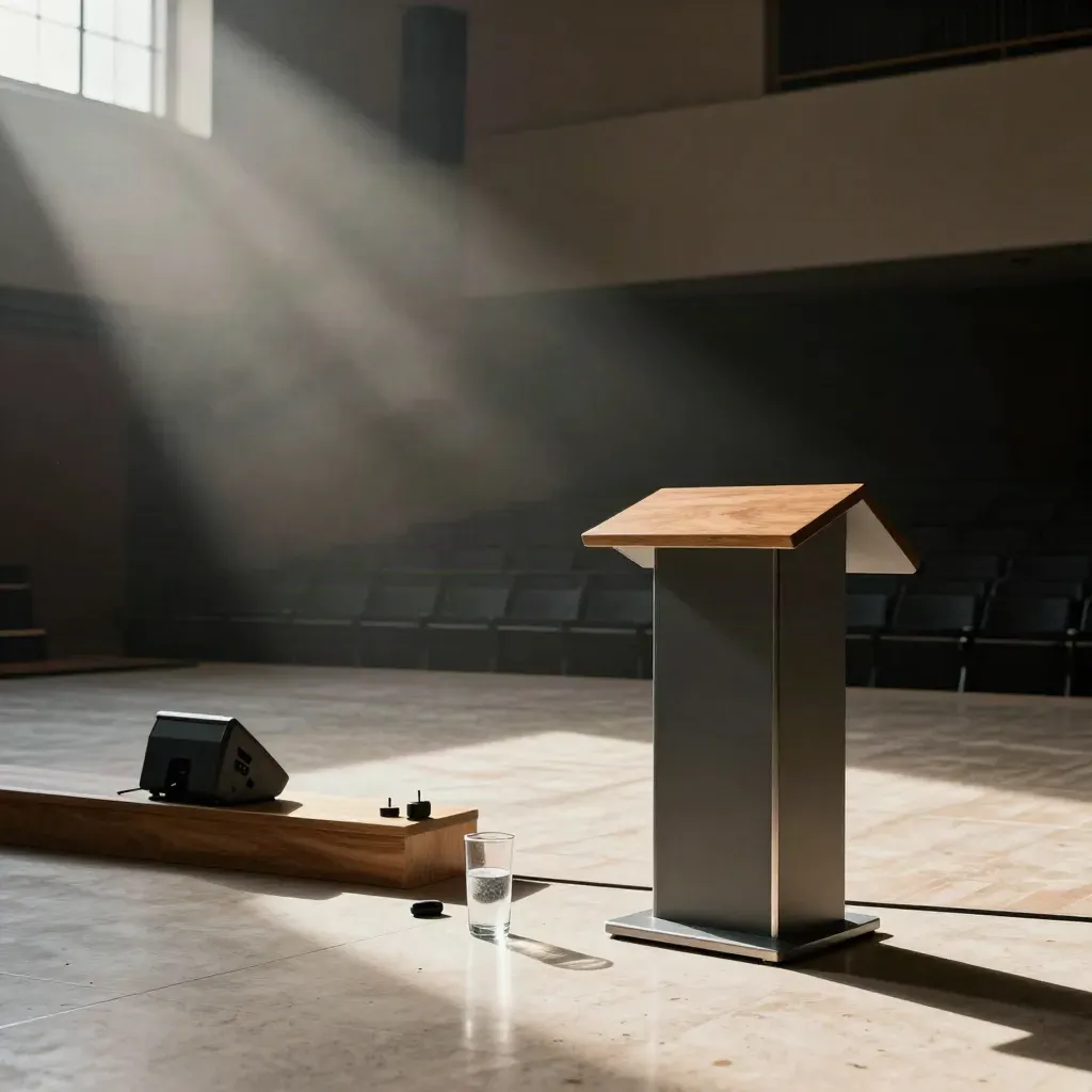 Empty rehearsal stage with lectern, monitor, clicker and water in a dramatic light beam.