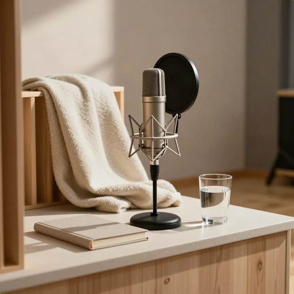 Voice-coaching room with microphone, pop shield, acoustic blanket, notes book and water glass
