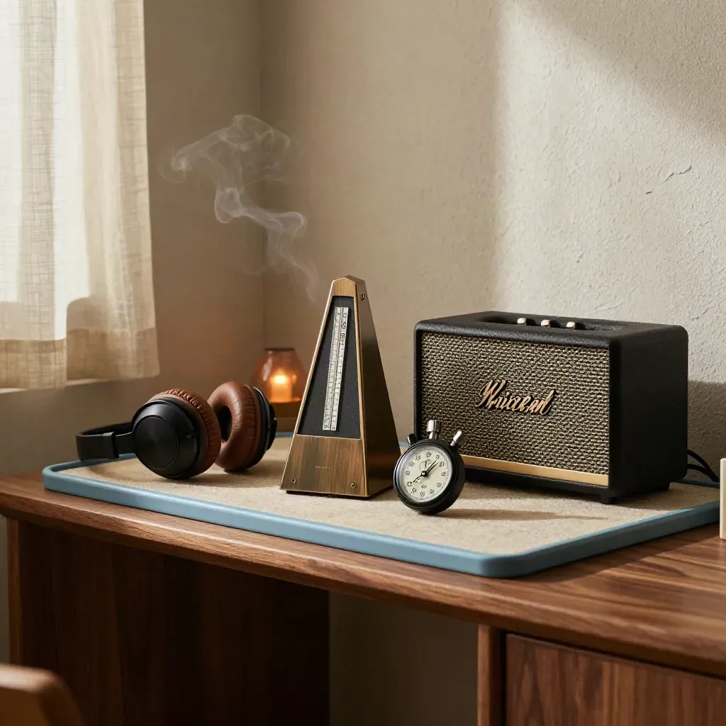 Metronome, stopwatch, headphones and speaker in a warm practice nook by late-afternoon light.