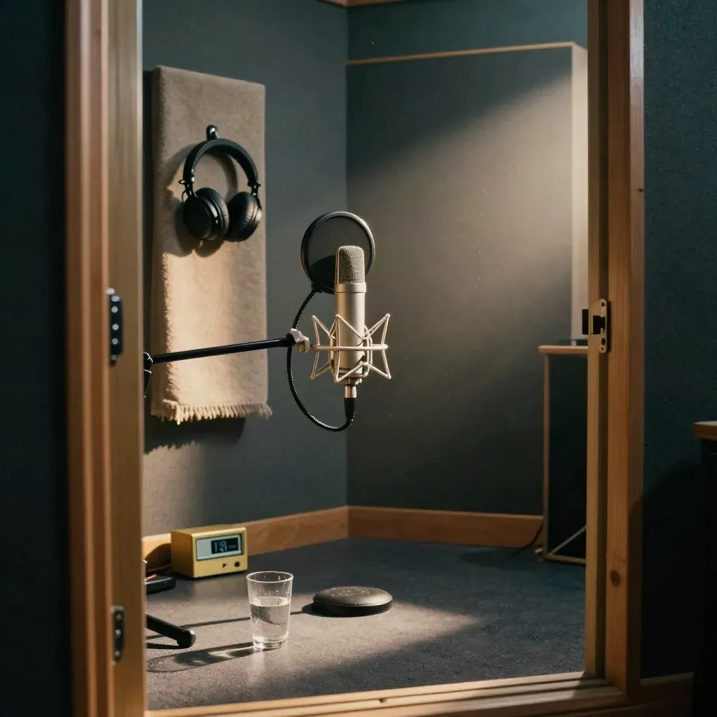 Voice coaching booth with mic, headphones, timer and water in moody post-rain light