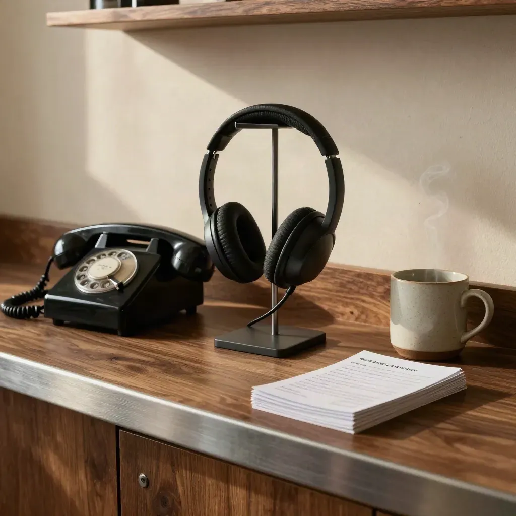 Headset, analog phone, mug, and face-down response cards on a walnut support counter.