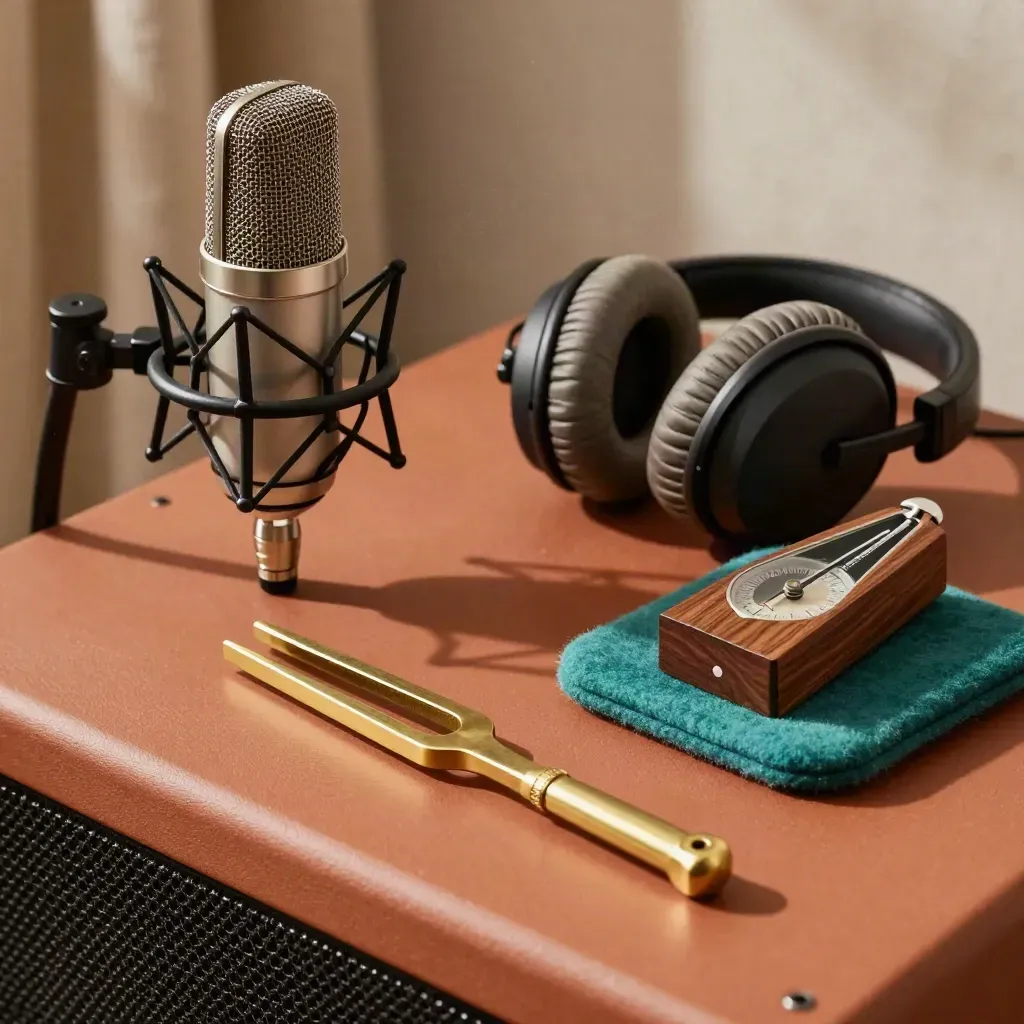 Microphone, headphones, tuning fork, and metronome on a sunlit audio table.