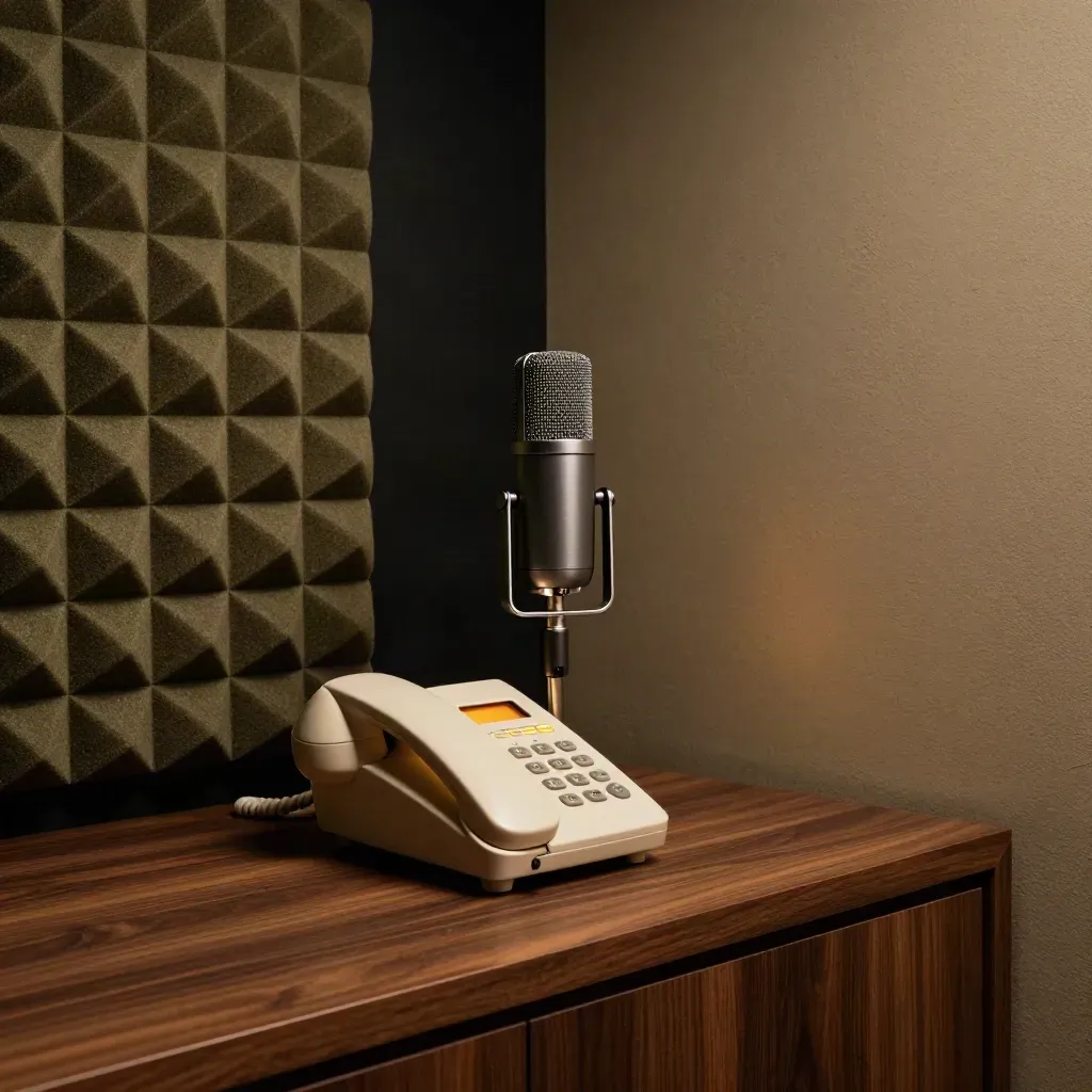 Moody voicemail nook with mic, phone base, and dim message light in a dark interior.
