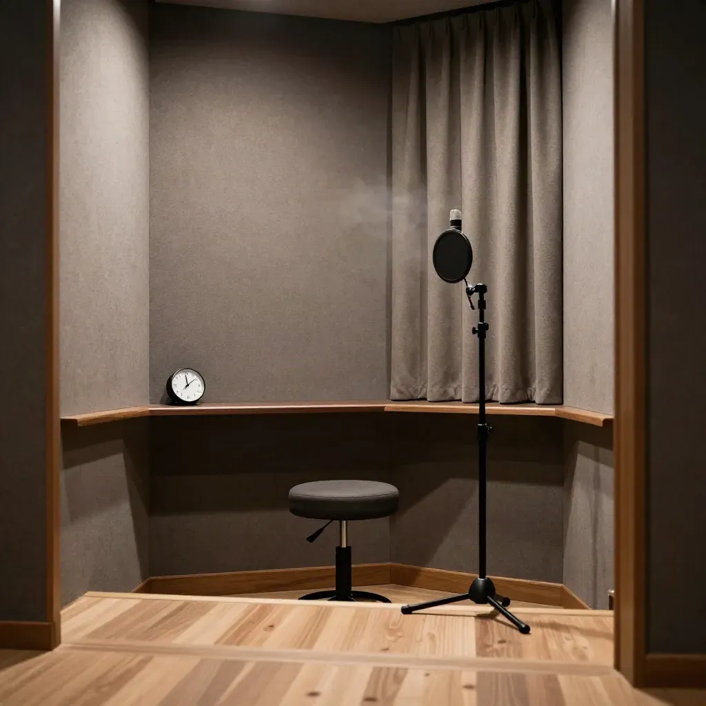Empty voice booth with mic, curtains and a timer in warm afternoon light.