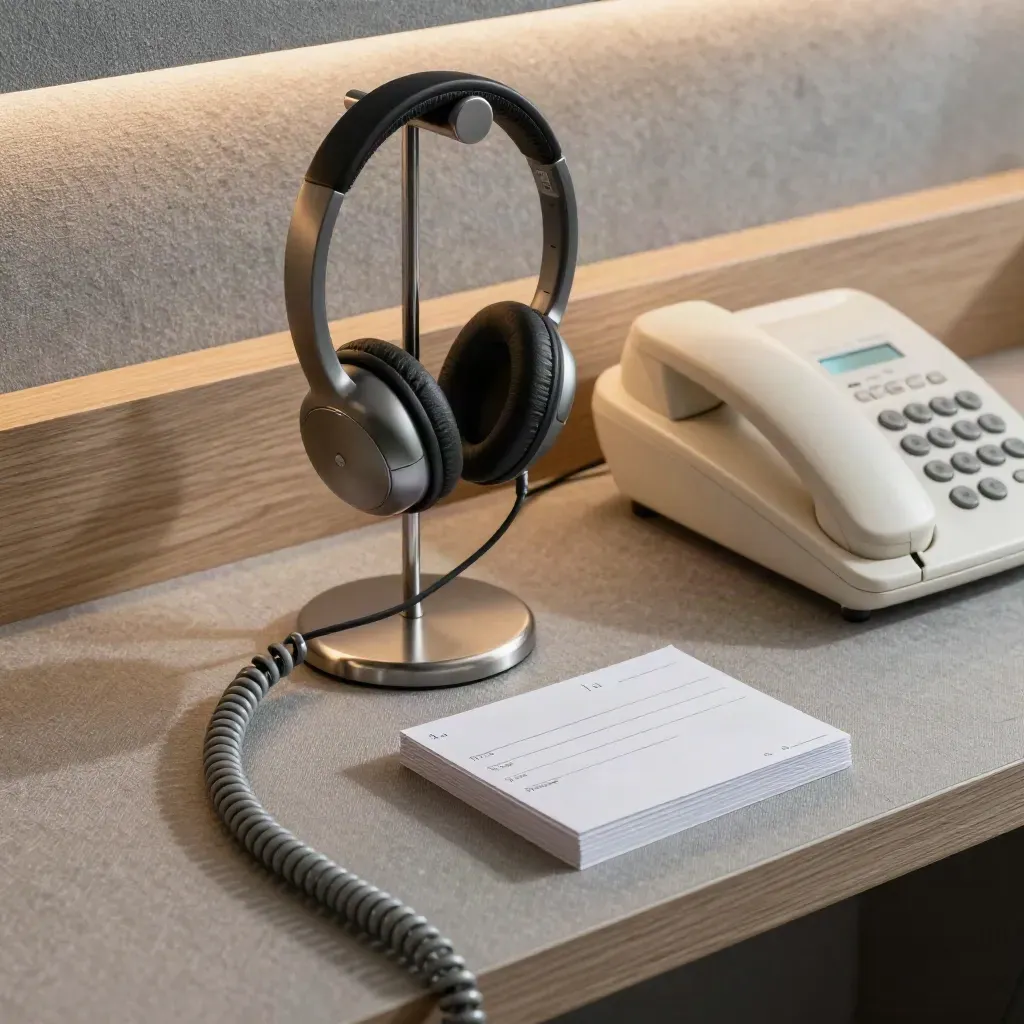 Macro of a headset stand, analog phone, and reply cards on a quiet support counter.