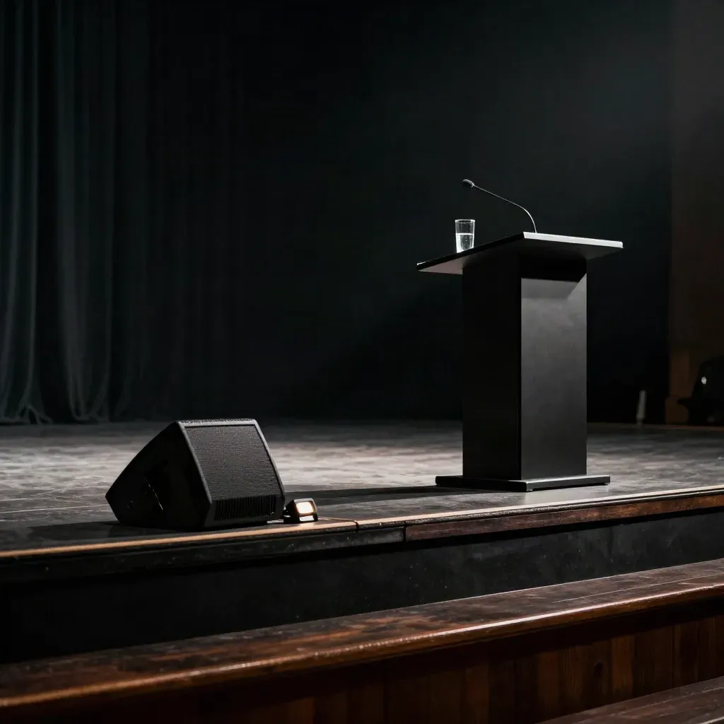 Empty keynote stage with lectern, floor monitor, water glass, and timing light in moody haze.