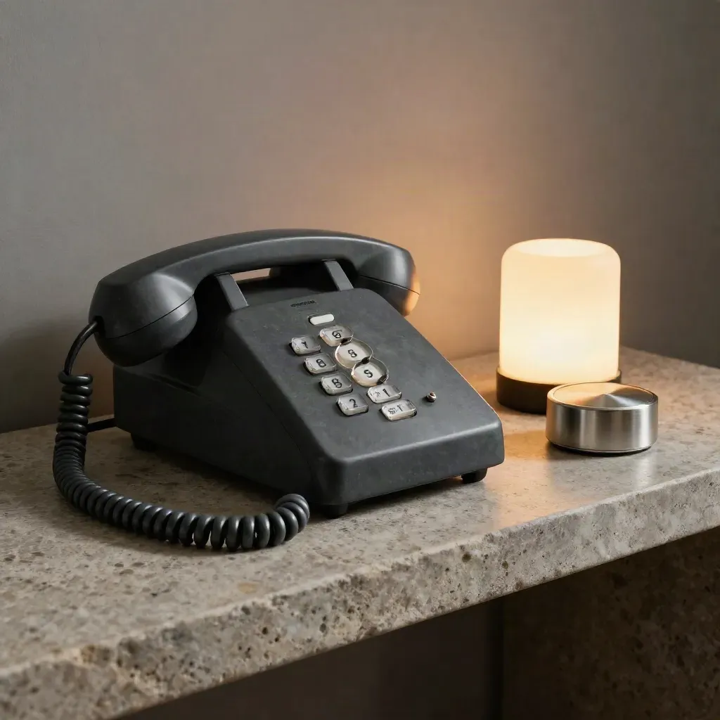 Analog phone with glowing message lamp and timer on a stone shelf in moody light.