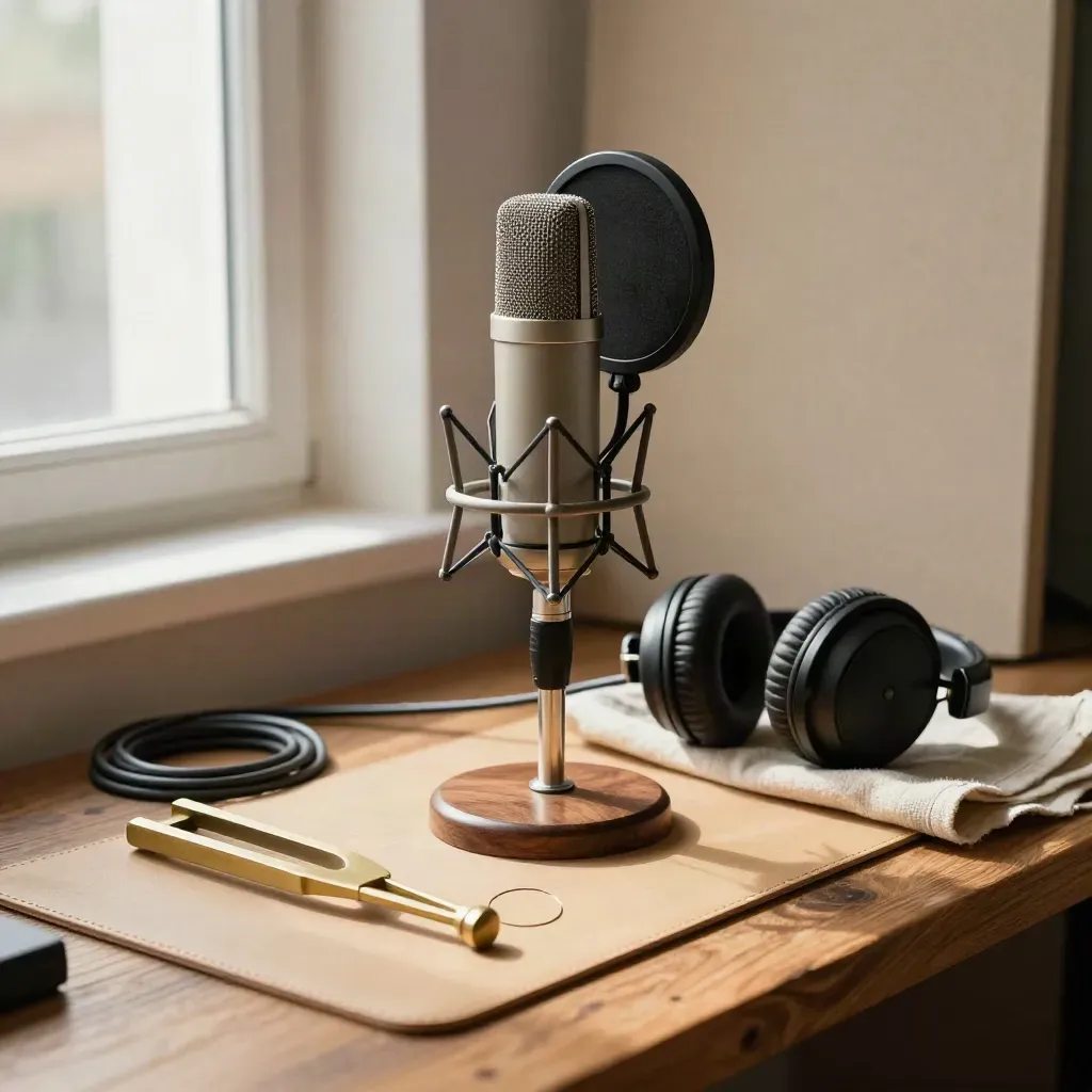 Mic, headphones, and brass tuning fork on a warm sunlit workbench in a voice studio.
