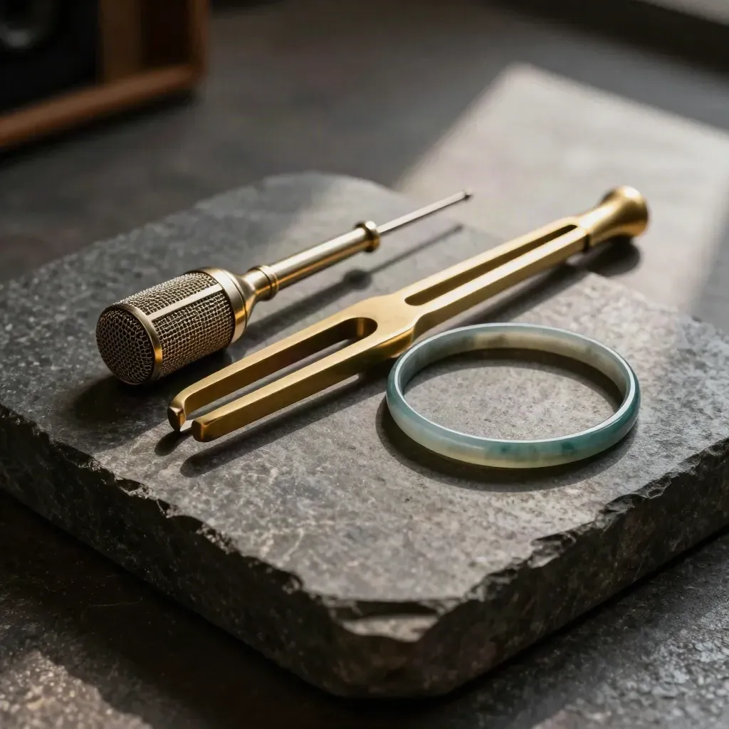 Brass tuning fork, mic capsule and pop filter ring on dark stone with dramatic studio light.