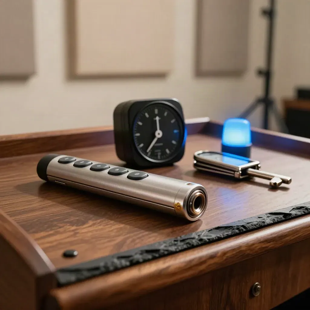 Clicker, timer, metronome, and cue light on a walnut lectern with blue glow