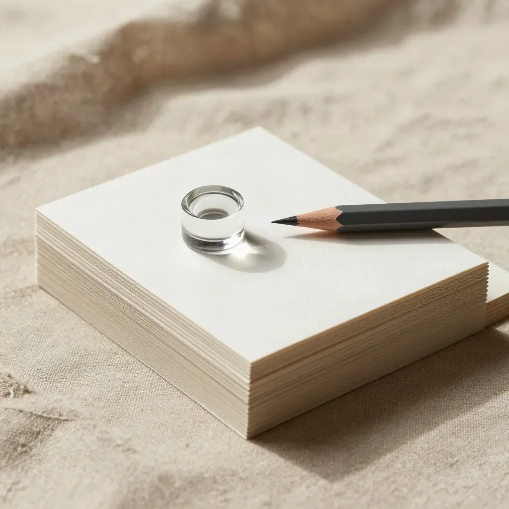 Tone cards, pencil and glass paperweight on linen in warm directional light