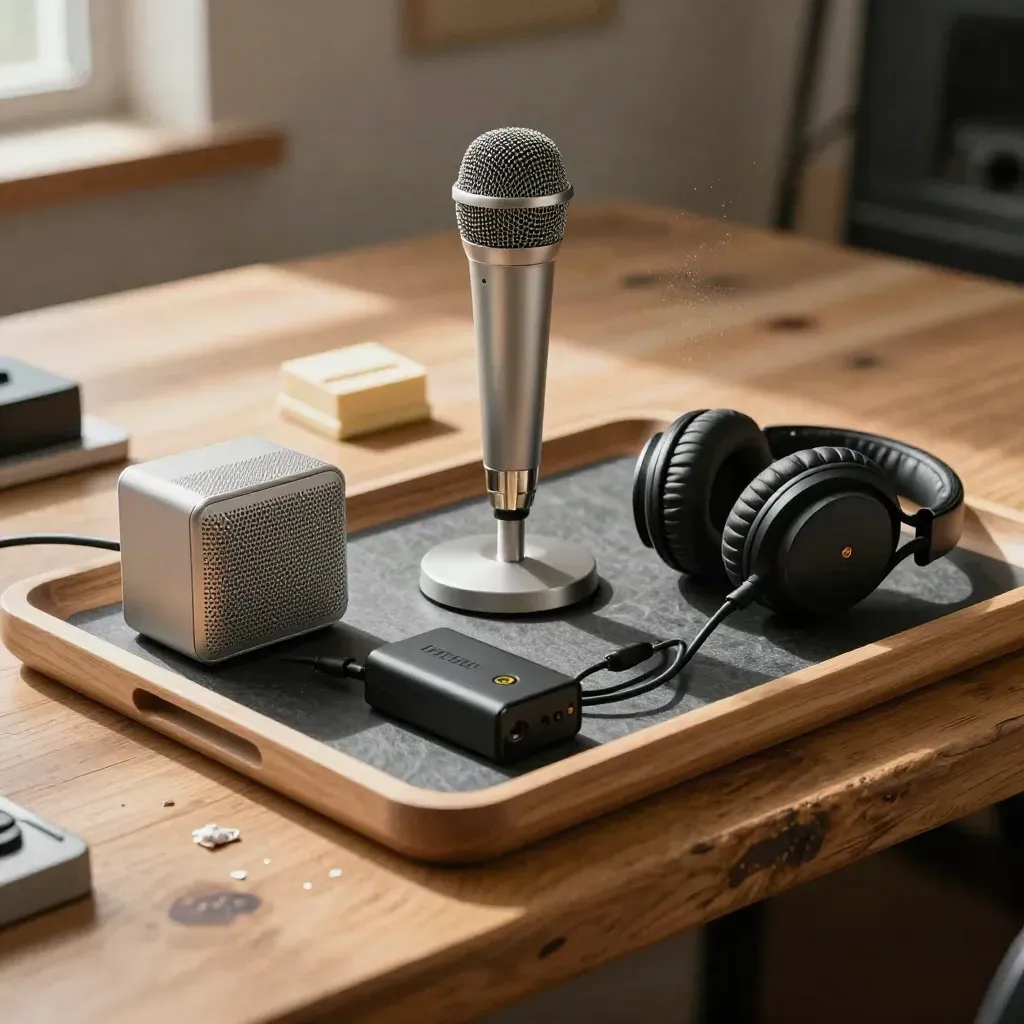 Workshop mic, speaker, headphones and battery pack arranged on a pale wood tray.