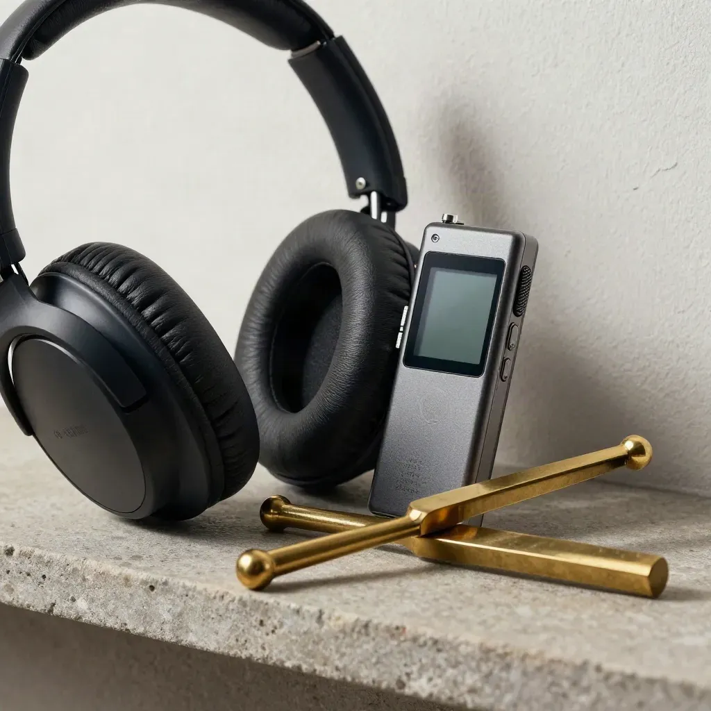 Headphones, recorder, and tuning fork on a stone shelf in soft side light.