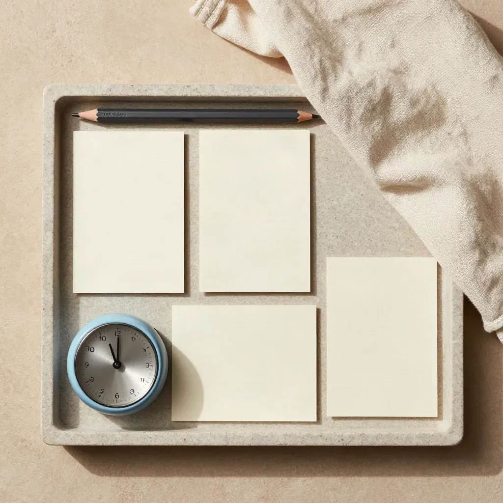Overhead tray still life with blank cards, pencil, timer, and linen cloth in soft neutral light.