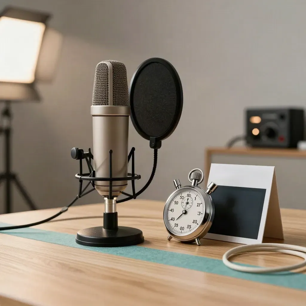Microphone, stopwatch and recorder on pale oak in a live voice practice setup.