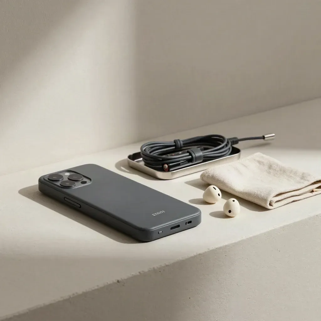 Recorder, batteries, cable, and earbuds on a soft plaster surface with gentle side light.