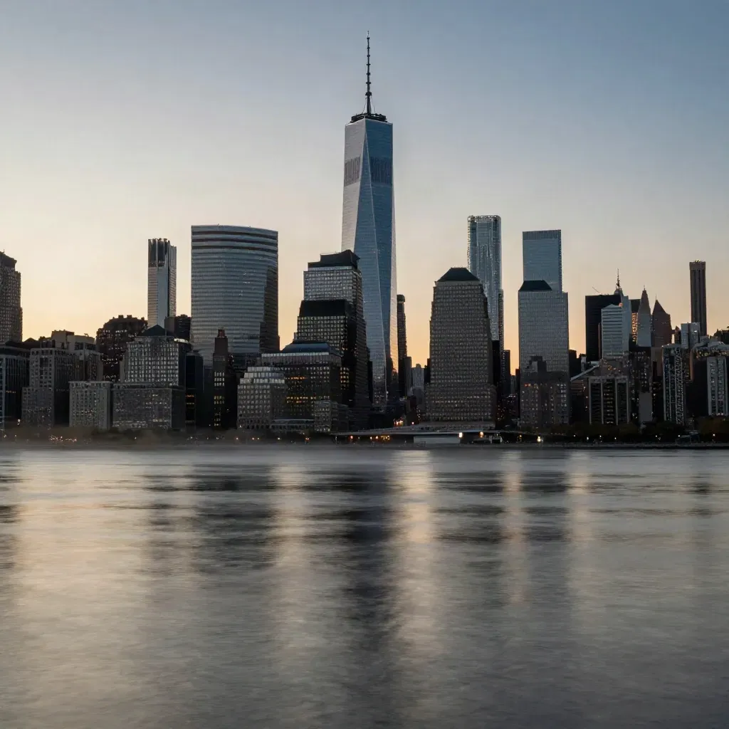 Manhattan skyline above the East River at blue hour with calm misty water