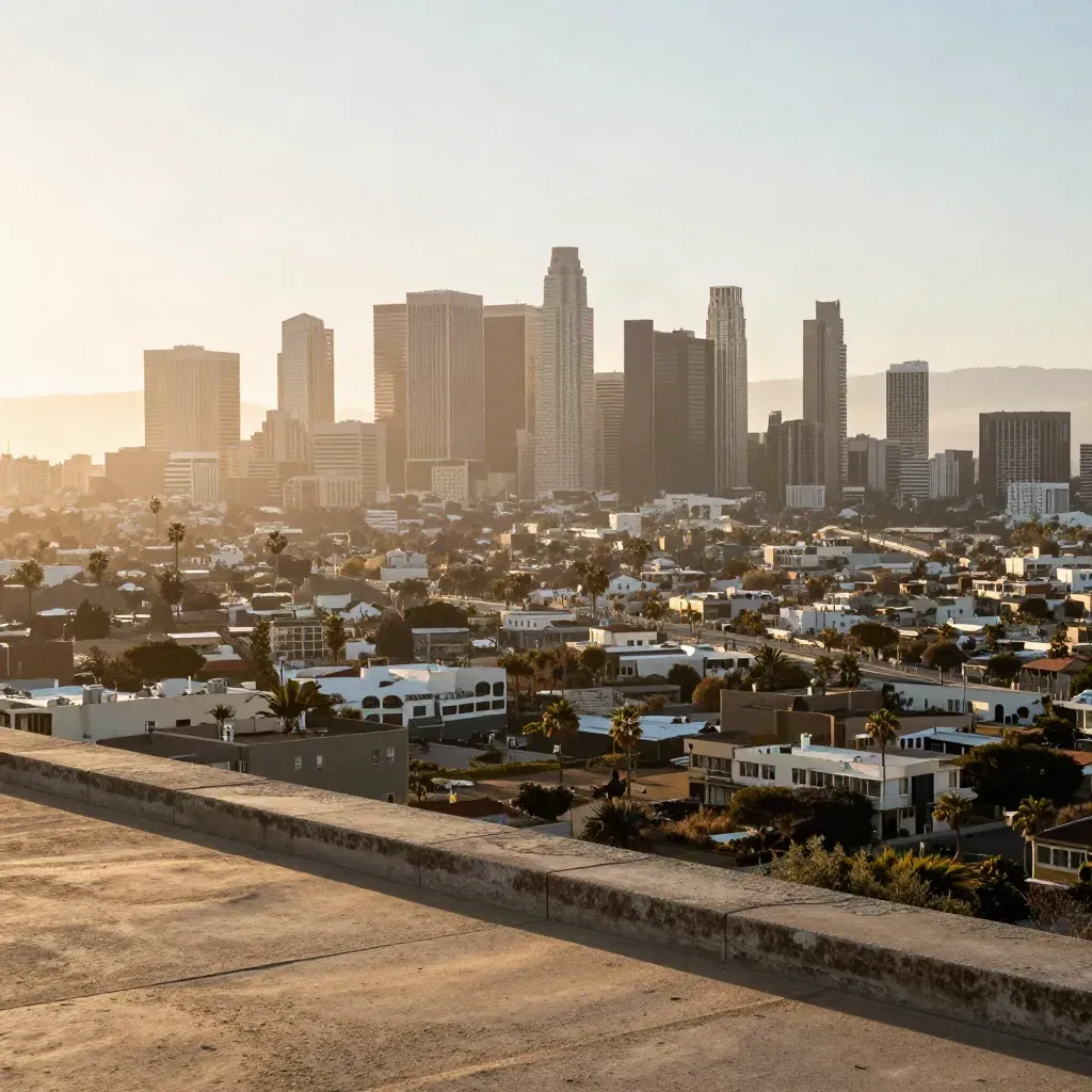 Golden-hour view of downtown Los Angeles above a hazy basin, with calm open space for copy.