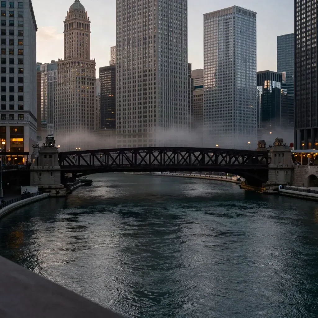 Chicago River at dusk with bridge lines and Loop towers above calm misty water.