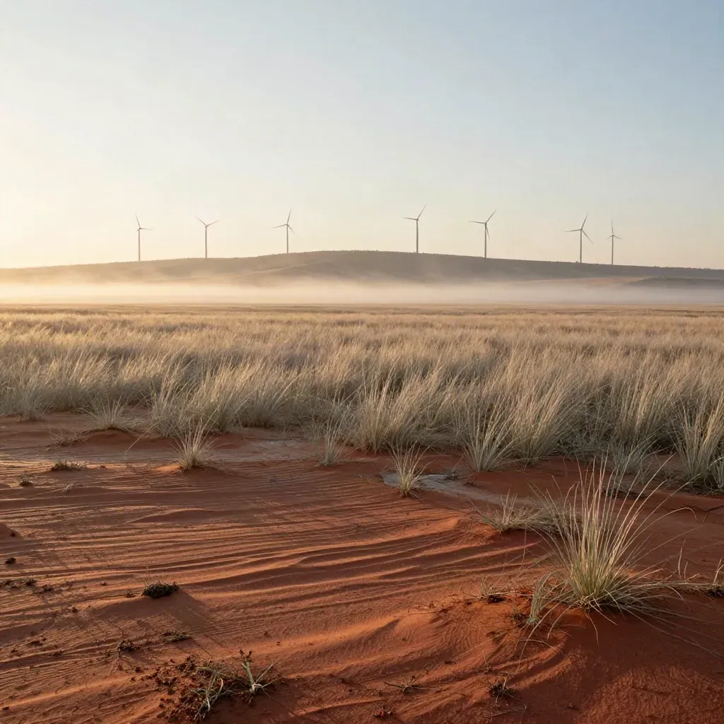 Sunrise prairie with distant wind turbines and open grassland for copy space.