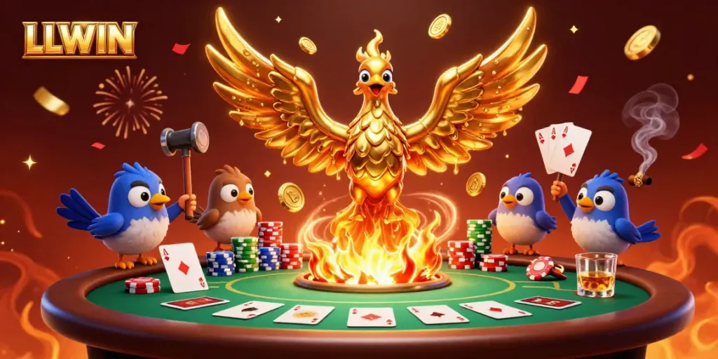 Engage in exciting gameplay on LLWIN, featuring a molten golden phoenix soaring above a vibrant poker scene.
