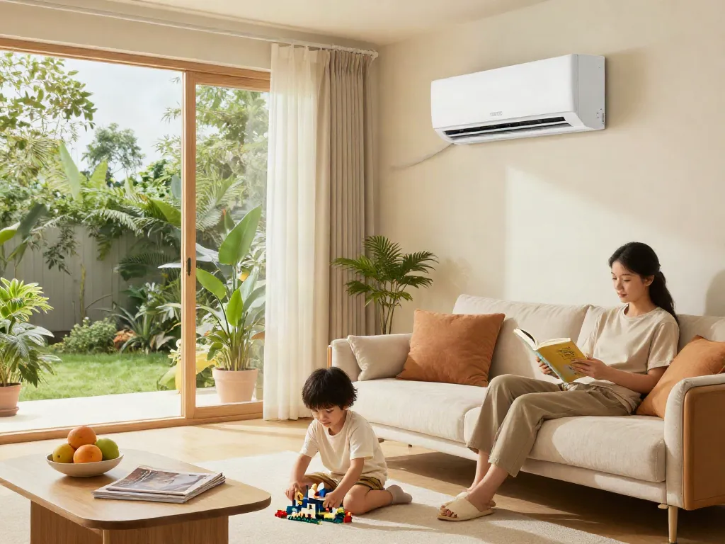 Family enjoying a comfortable living room cooled by a 2400 btu mini split air conditioner.