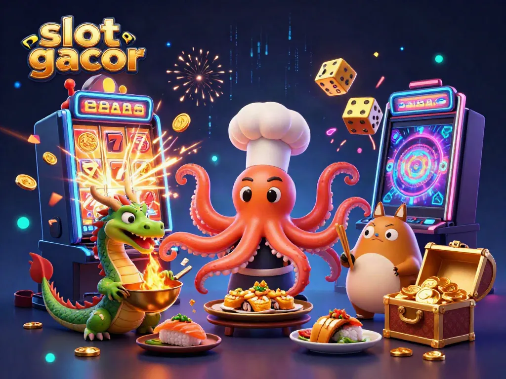 Engage in thrilling slot gacor action with a lively octopus chef and dragon in a vibrant casino scene.