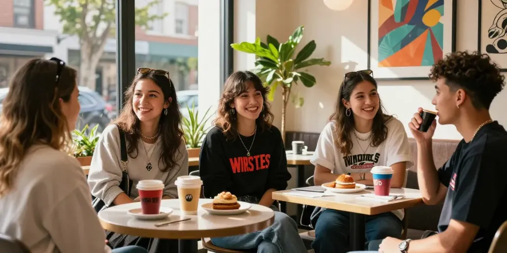 Friends enjoying streetwear and artisanal coffee at a trendy café in a vibrant atmosphere related to rokok88.