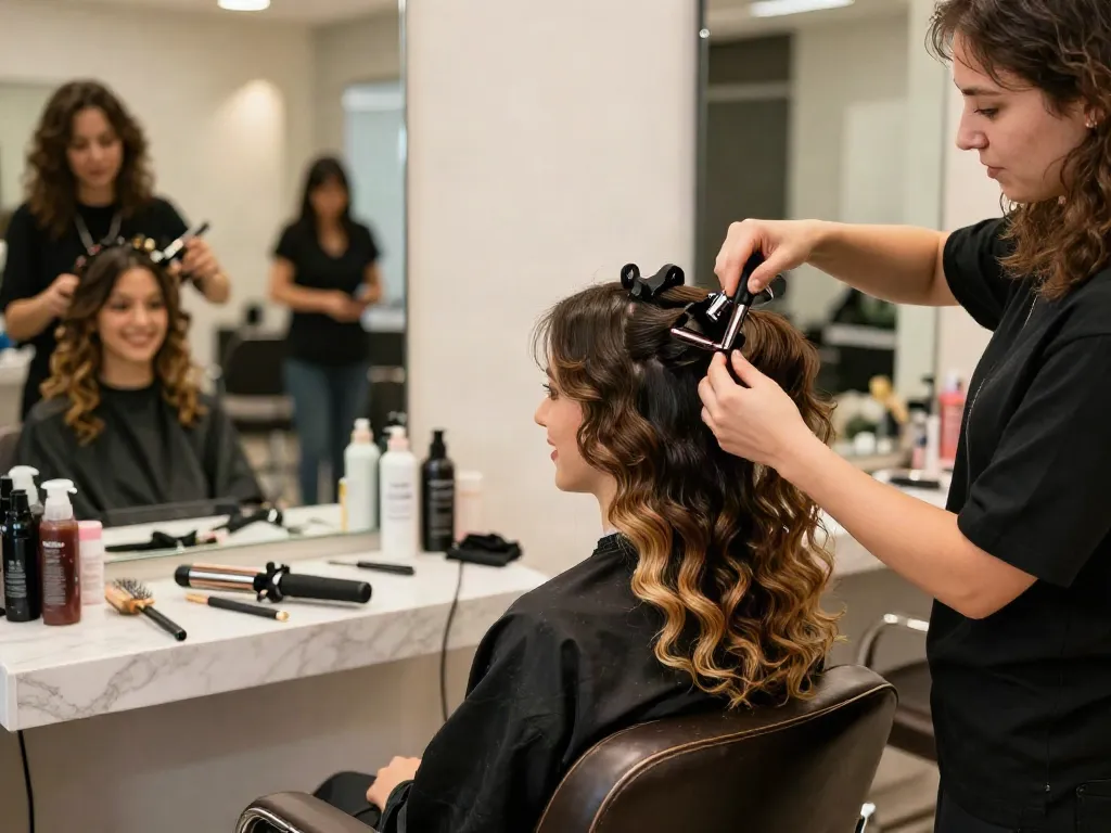 Stylist applying curly hair clip in extensions for a natural look