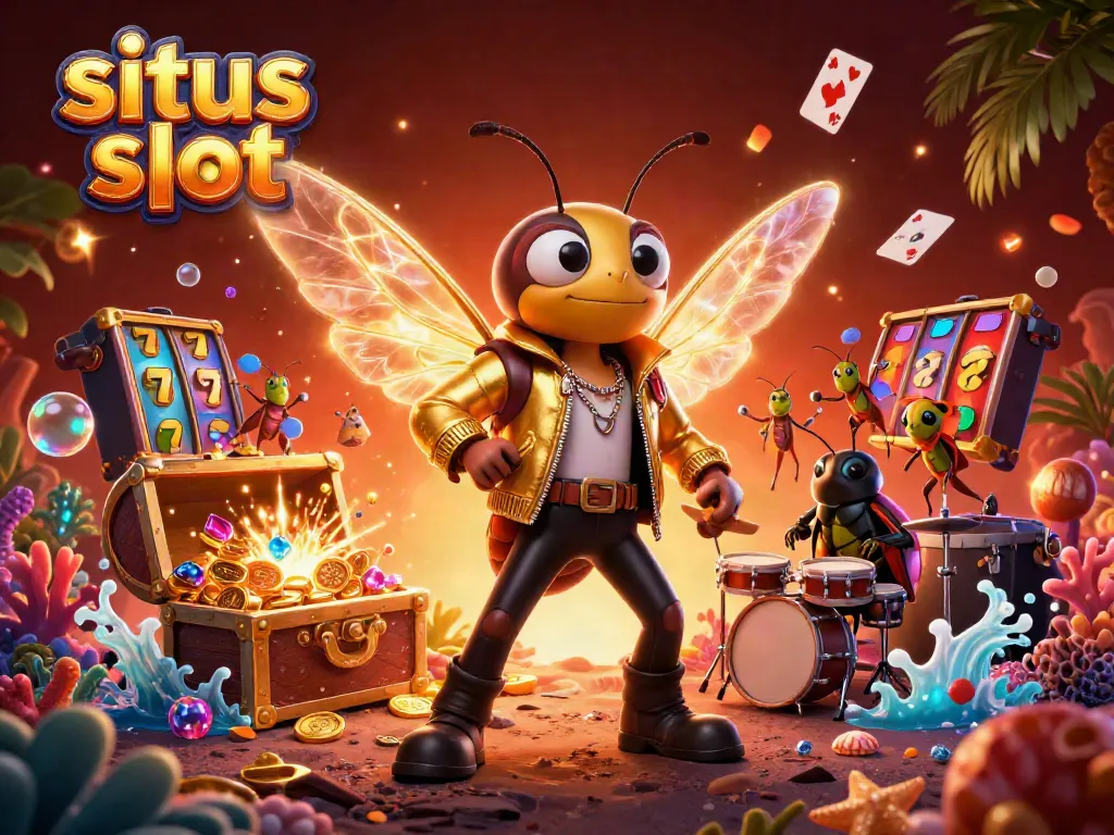 Experience thrilling situs slot gameplay with a vibrant rock star scene featuring slot reels, crickets, and gold coins.