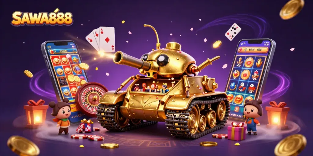 SAWA888 showcases a golden beetle tank casino scene filled with dazzling gaming activities.