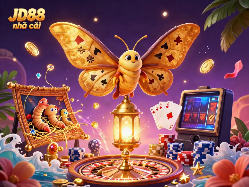 Experience the excitement of JD88 nhà cái, with vibrant casino elements and golden treasures in a dynamic 3D illustration.