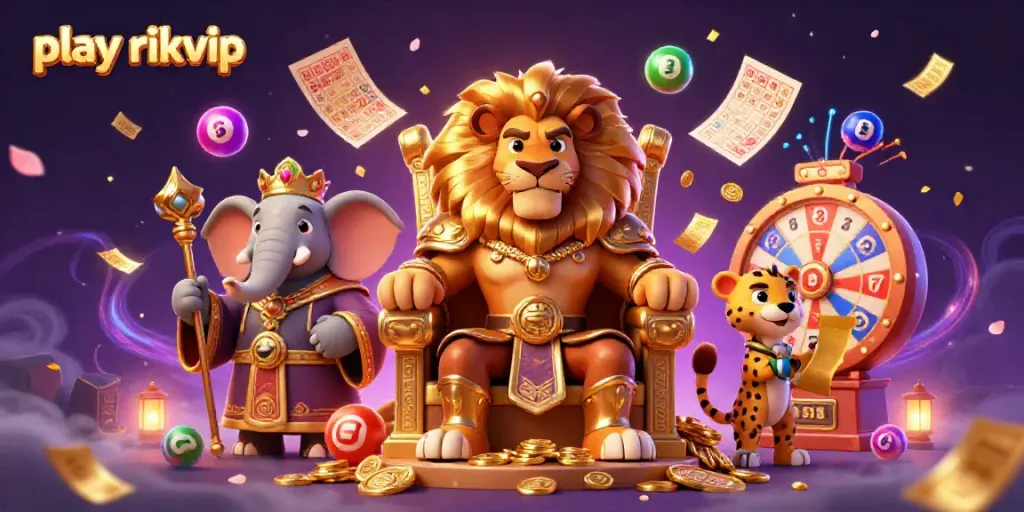 Join the excitement to play rikvip with vibrant lottery elements and engaging characters in a casino-themed illustration.
