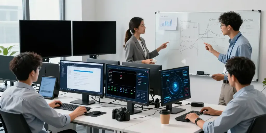Web application vapt analysis in a modern cybersecurity office environment with professionals assessing vulnerabilities.