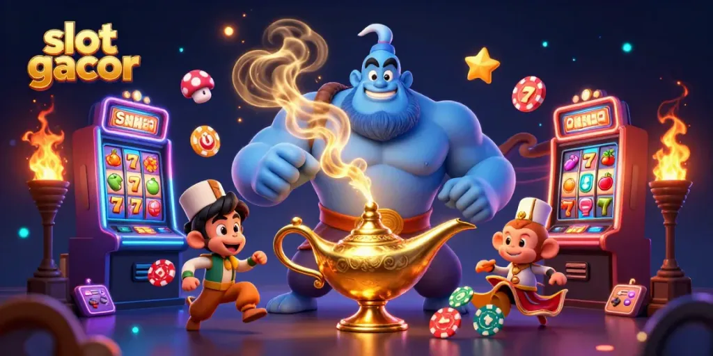 Menggandakan jackpot slot gacor dengan ilustrasi 3D karta genie dan mesin slot berhiruk-pikuk.