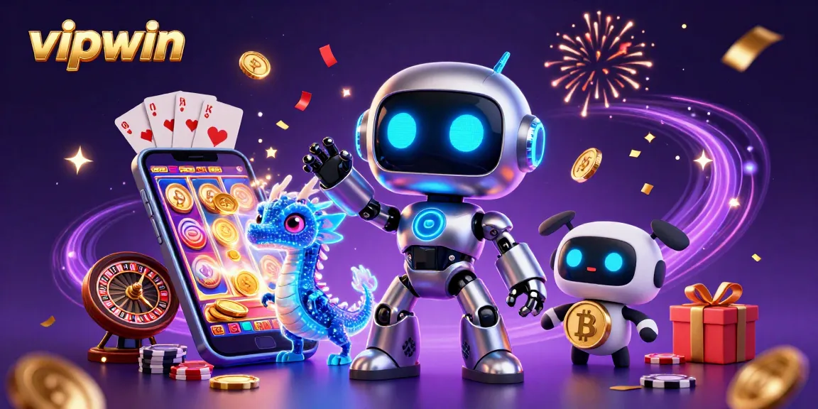 Experience thrilling gaming action at vipwin with a vibrant 3D illustration of a cyberpunk robot and friends.