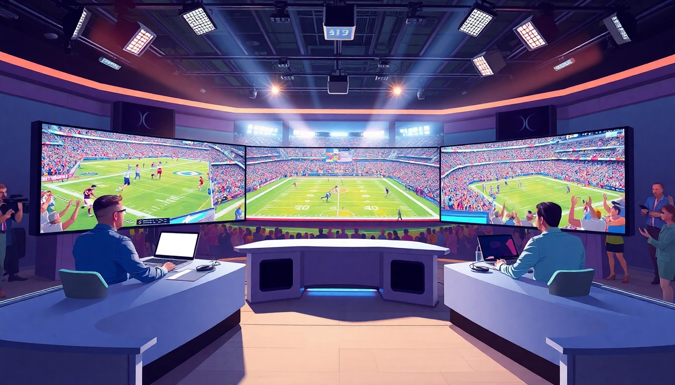 Engaging sports broadcasting hosts analyzing live footage in a vibrant studio environment.