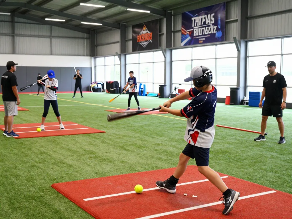 Baseball athletes training at hitclub facility with coaches and equipment.