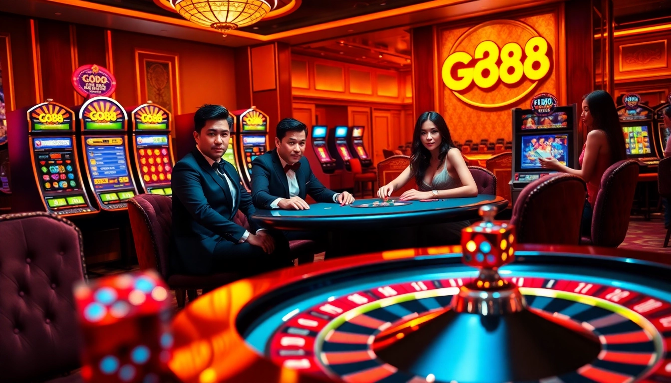 GO88 players engaging in high-stakes poker amid a glamorous casino backdrop, filled with excitement.