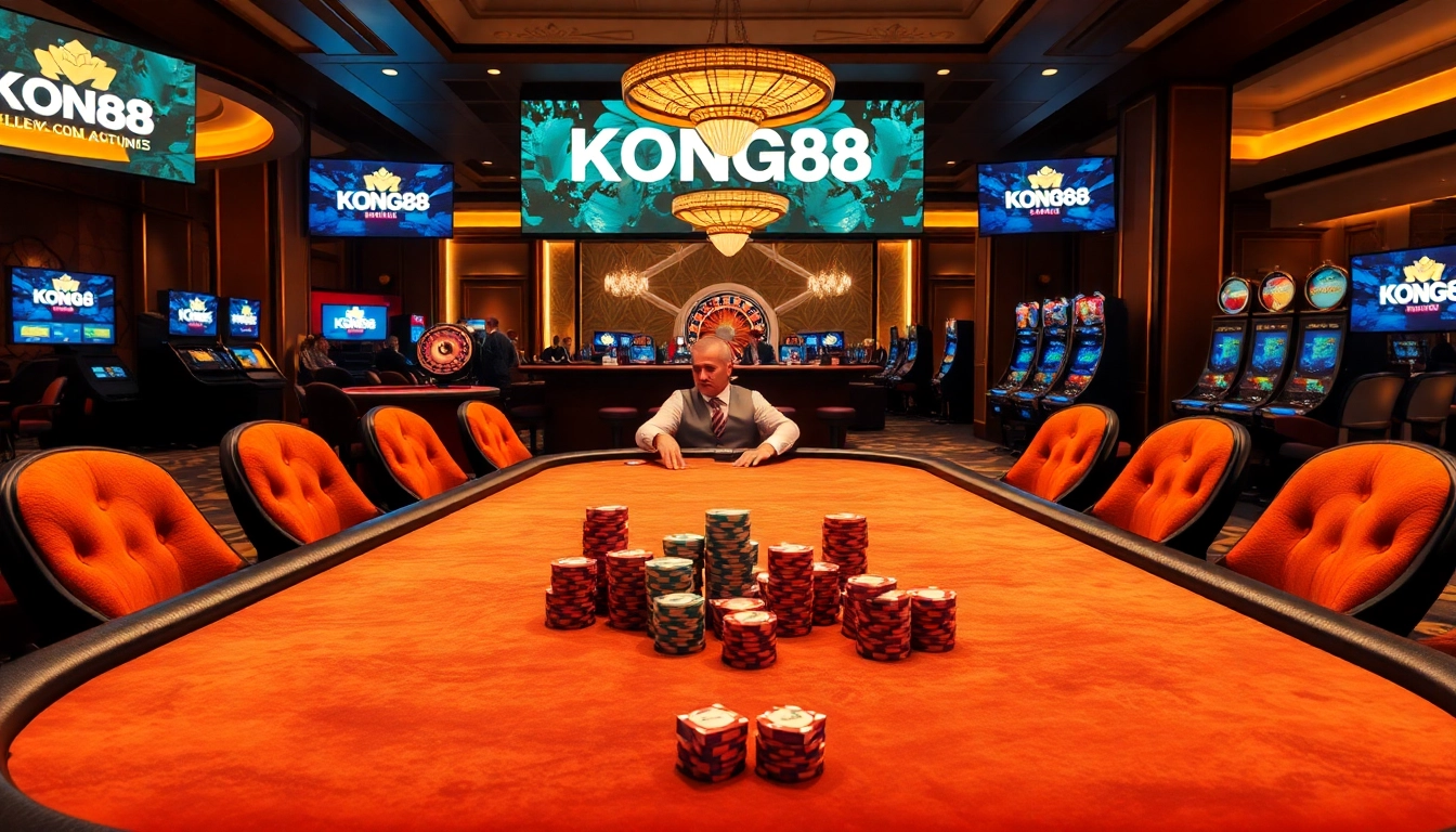 KONG88 logo shines brightly over an engaging casino scene with poker chips, cards, and a roulette wheel.