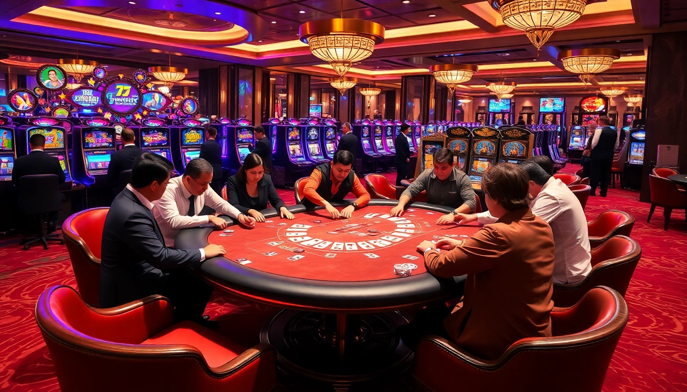 Players enjoying an exhilarating game at tg88 casino, showcasing vibrant slot machines and elegant poker tables.