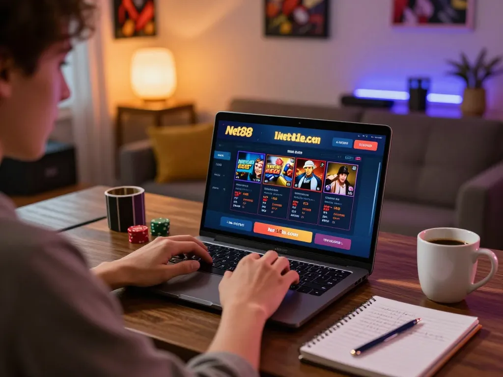 Online gaming scene with a player using net88.de.com, enjoying live casino games and strategies.