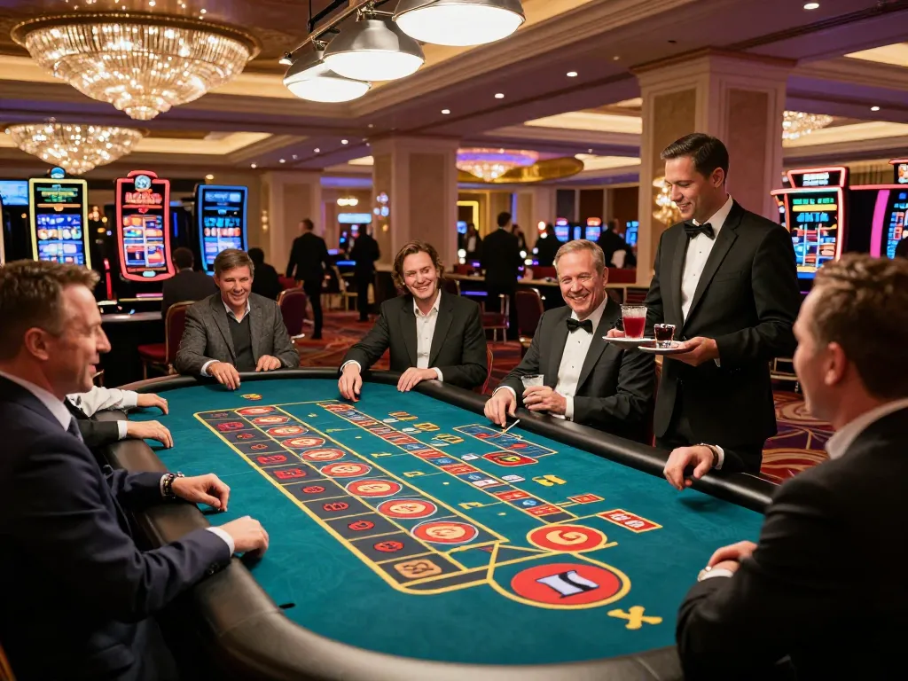 Man club gaming night at a luxurious Las Vegas casino with players at roulette tables