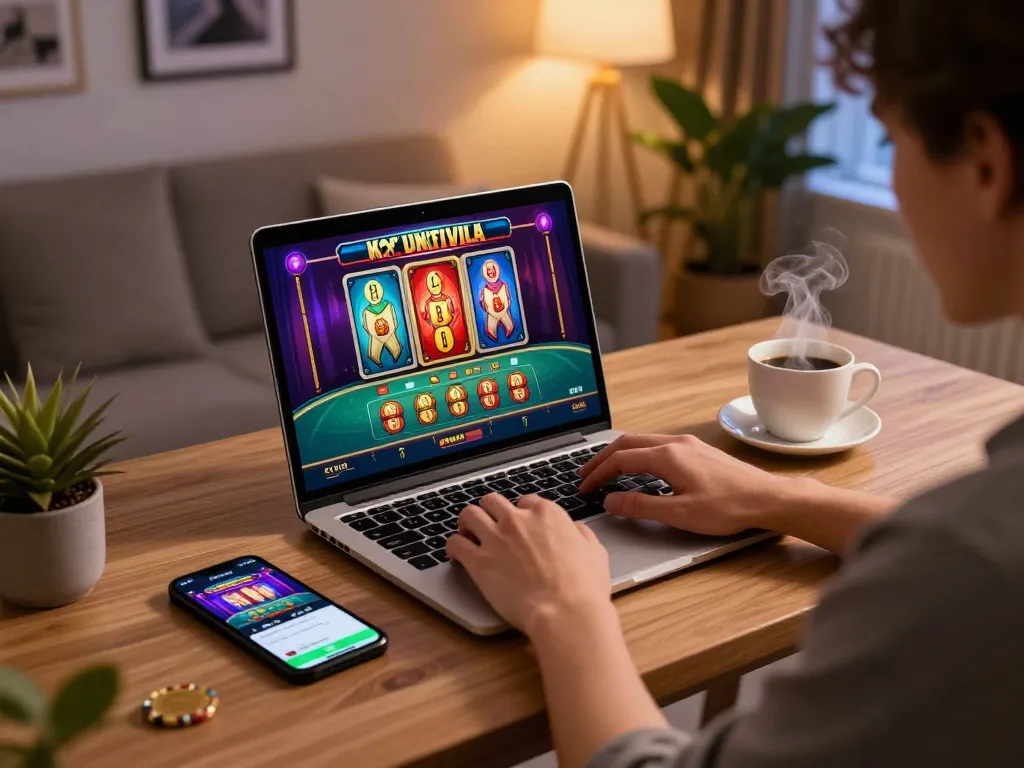FC88 player enjoying mobile and online casino gaming at a stylish home desk