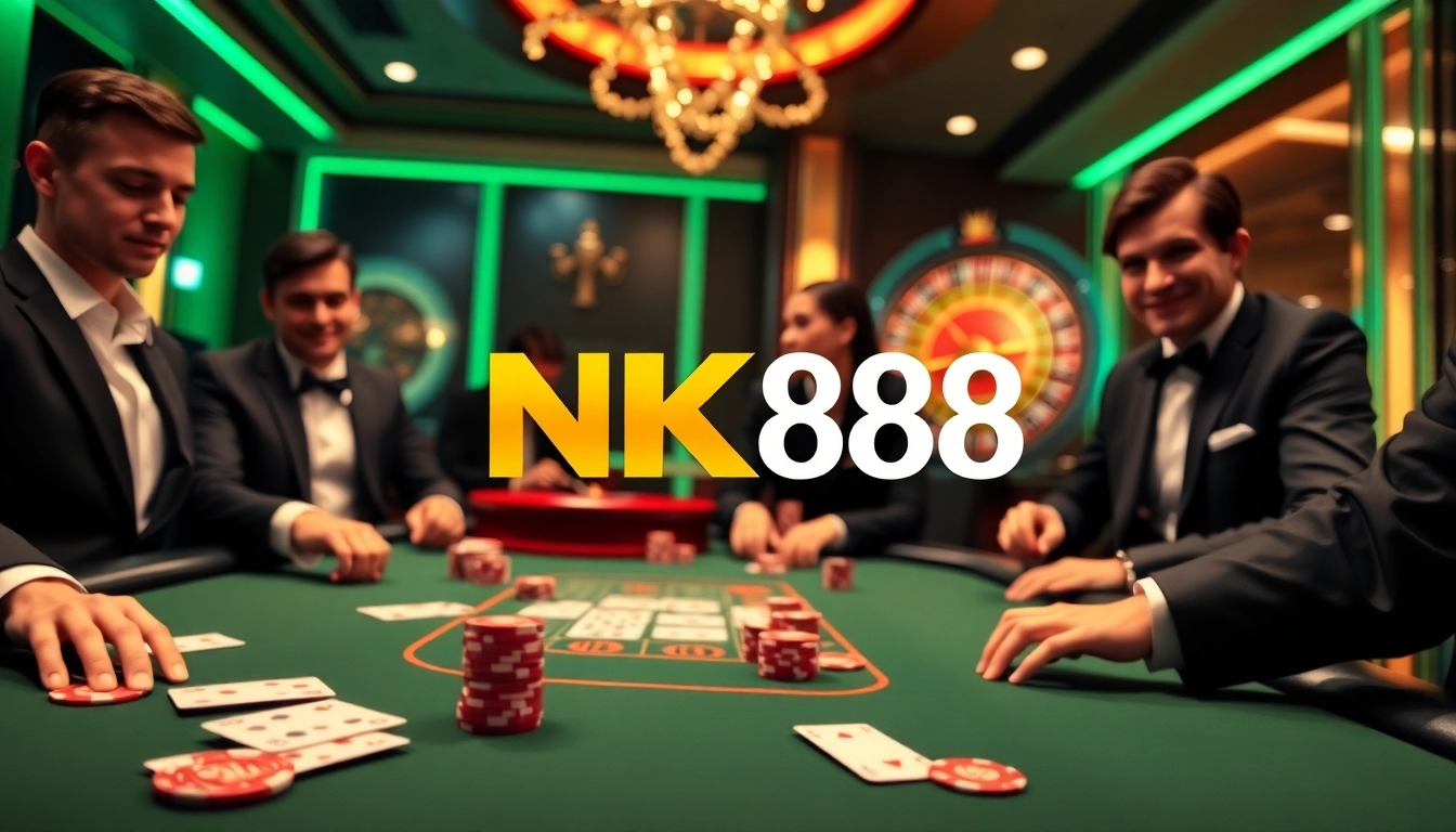 Engaging casino scene with NK88 branding, poker chips, and exciting gambling atmosphere.