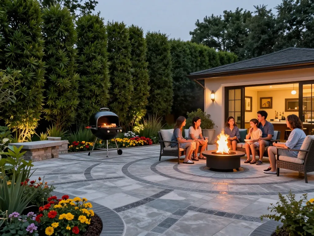 Paver patio near me with family enjoying outdoor space, showcasing fire pit and beautiful landscaping.