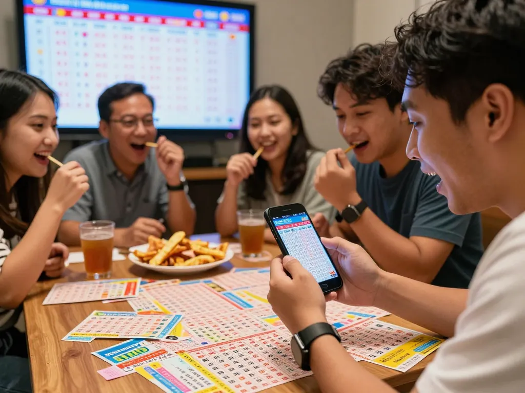 Kegembiraan hasil lotere Keluaran HK dengan teman-teman berkumpul di sekitar tiket berwarna-warni dan tampilan smartphone dalam suasana meriah.