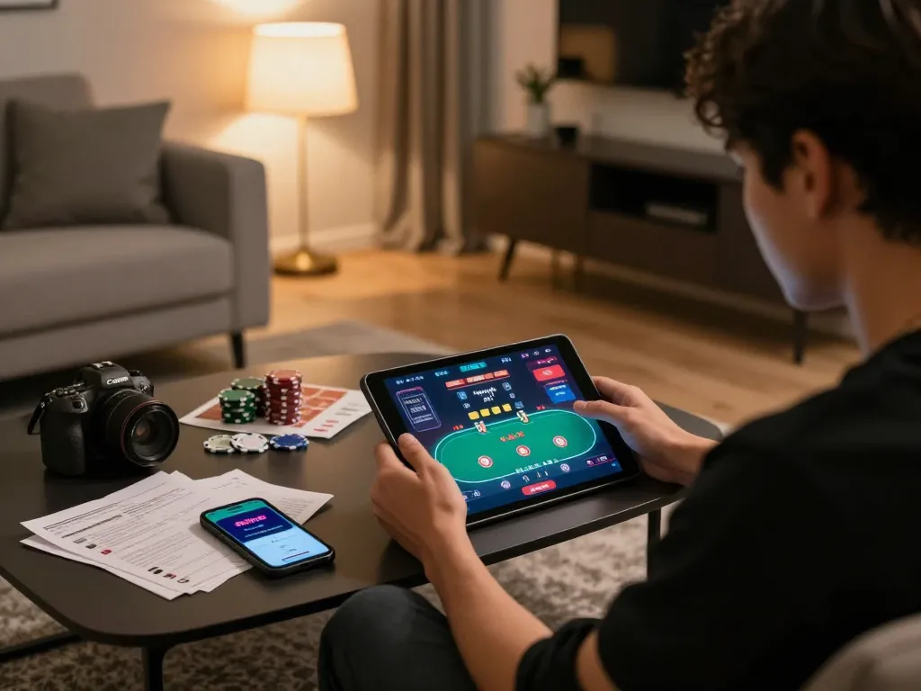 Player engaging with the 88vvgo poker app on a tablet at home, highlighting responsible gambling atmosphere.