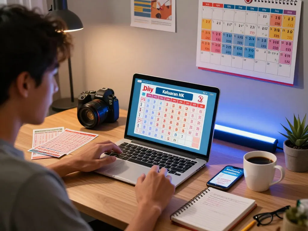 Keluaran HK lottery excitement in a cozy home office with live results and strategy notes.