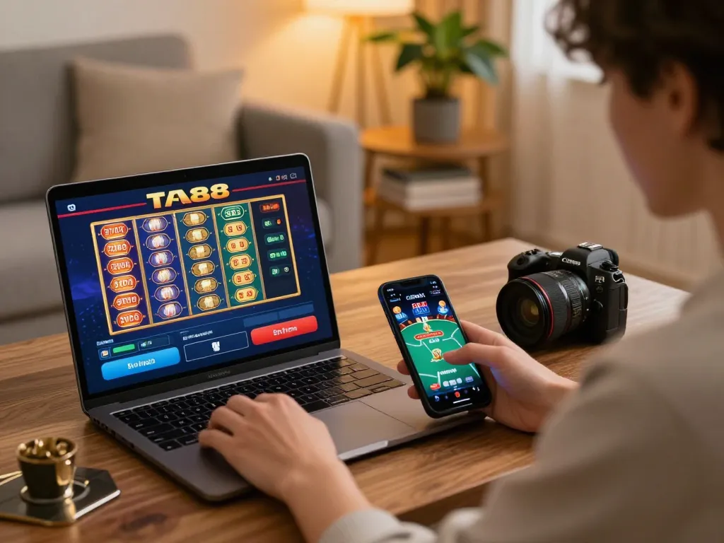 Engaging in betting strategies on TA88 from a cozy home setup with a laptop and smartphone.